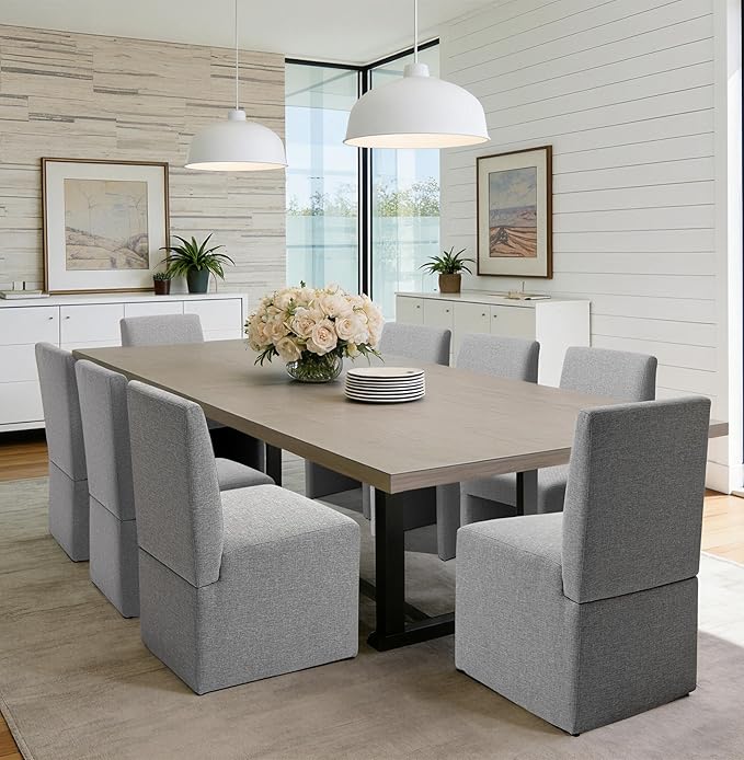 Grey Upholstered Dining Chairs Set of 8, Kitchen & Dining Room Chairs, Mid Century Modern Chairs, Linen Dining Chairs with Wooden Frame, Fabric