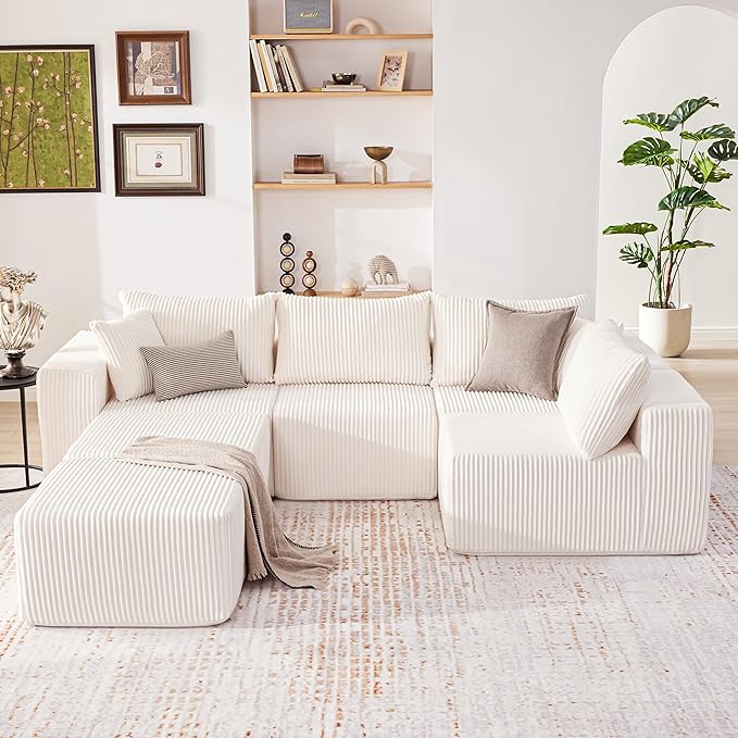 135.4" Cloud Couch Sectional, Modular Sectional Sofa with Deep Seat, Plush Corduroy U Shaped Boneless Couch, Convertible Sectional Couches for Living Room, 6Seat, Beige