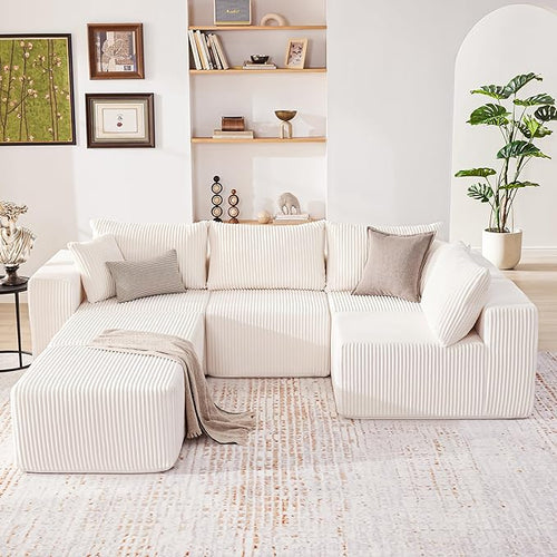 135.4" Cloud Couch Sectional, Modular Sectional Sofa with Deep Seat, Plush Corduroy U Shaped Boneless Couch, Convertible Sectional Couches for Living Room, 6Seat, Beige