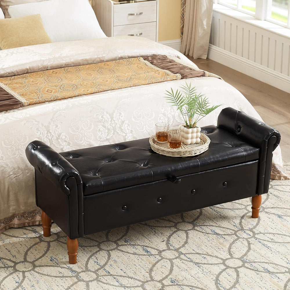 Storage Ottoman Bench, 50" Modern Upholstered End of Bed Bench, Faux Lea...