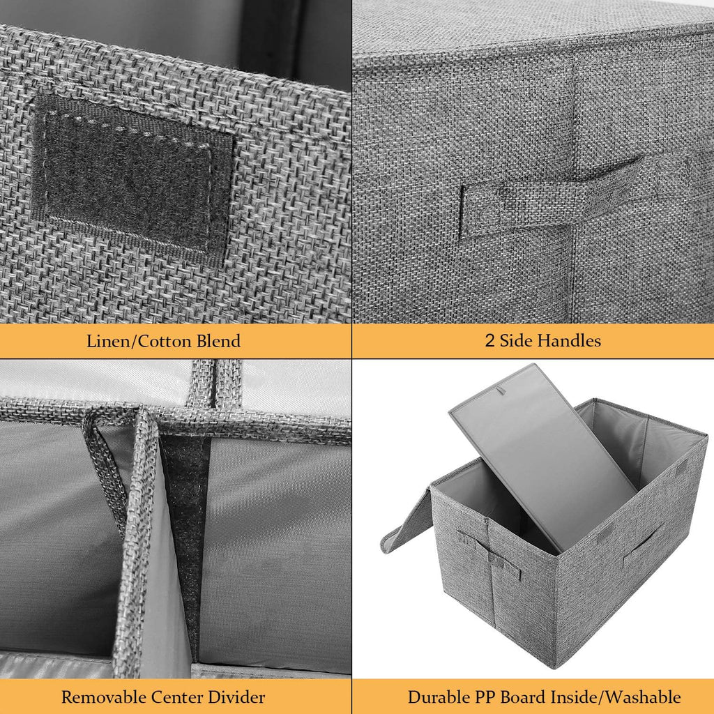 2 Pack Storage Boxes with Lids and Handles, Collapsible Linen Storage Bins Organizer Containers Baskets Cube with Removable Divider for Home Bedroom Closet Office (Grey, Small)