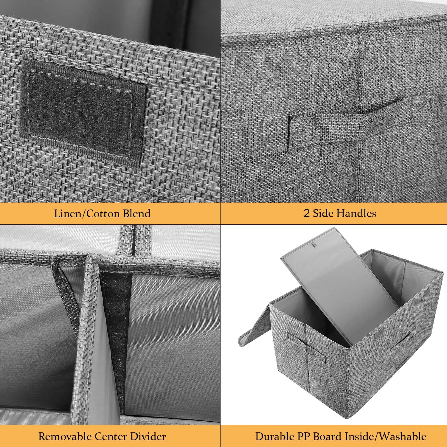 2 Pack Storage Boxes with Lids and Handles, Collapsible Linen Storage Bins Organizer Containers Baskets Cube with Removable Divider for Home Bedroom Closet Office (Grey, Small)