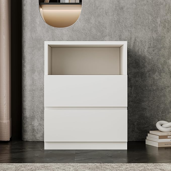 White Modern Entertainment Center Set - Freestanding Storage Drawers Cabinet Floor Nightstands with 2 Drawers for Living Room and Bedroom (C-19'' Nightstand)