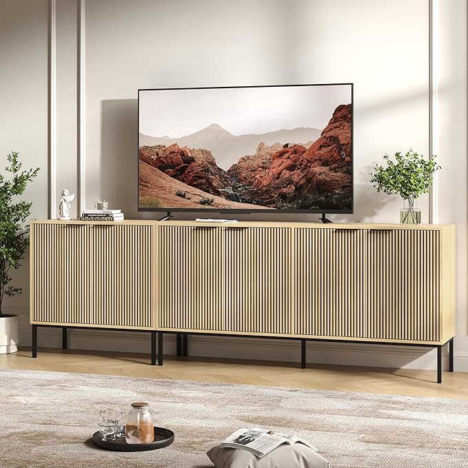 TV Stand for 100" TV, Mid Century Modern 94.5'' Television Stand, Entertainment Center with Storage and Adjustable Shelves, Media Console TV Cabinet for Living Room