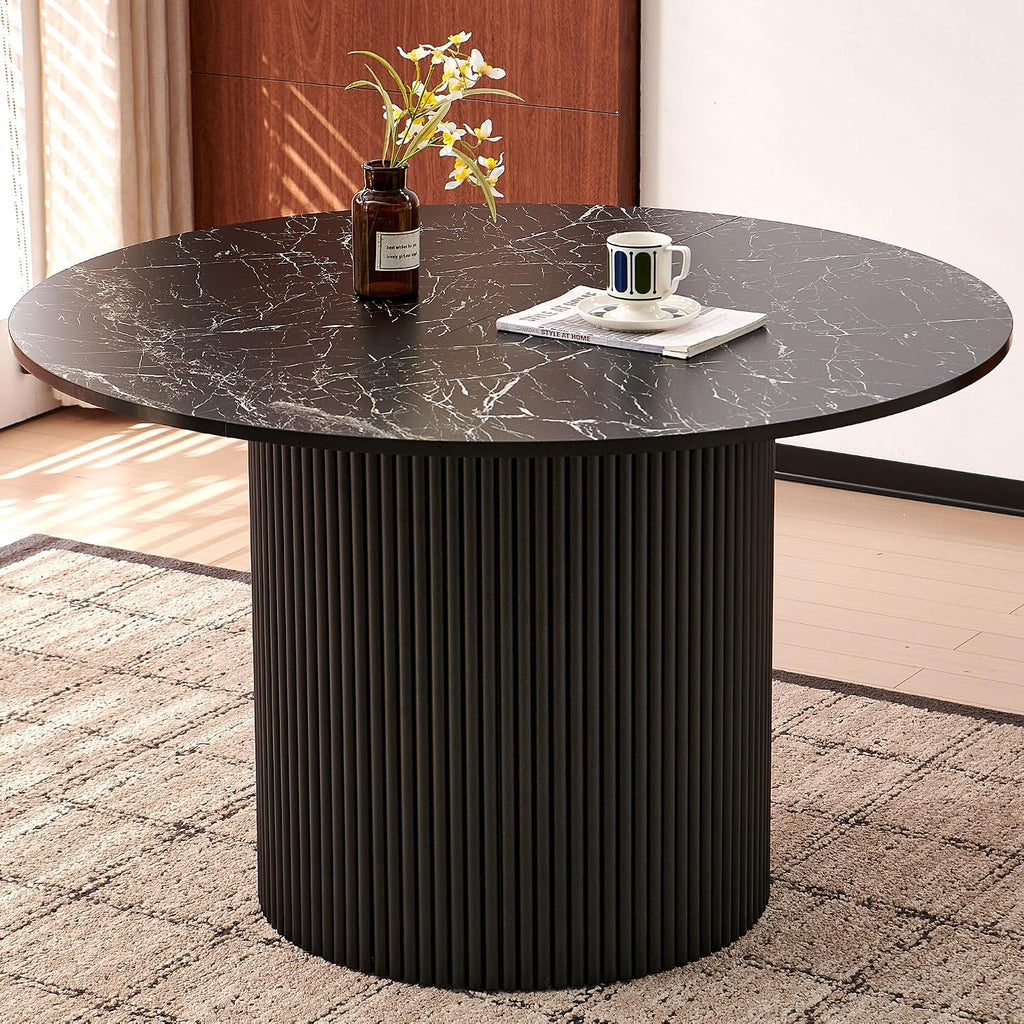 Homedot Kitchen&Dining Room Table Set for 4, Black Wooden Dining Table Round and Upholstered Kitchen Side Living Room Chairs Set, Rustic Dining Set with Grey Velvet Chairs for Apartment Dining Hall