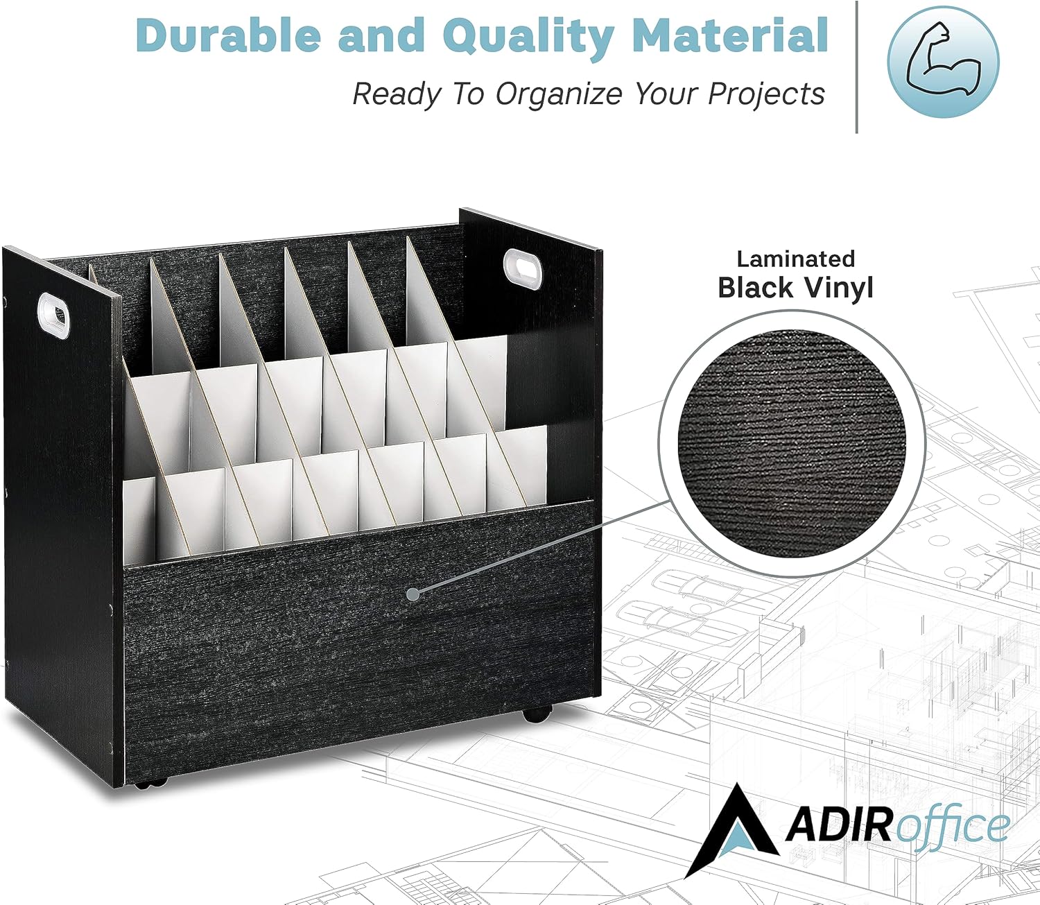 AdirOffice Adir Blue Print Storage Organizer - Mobile Roll File Cart, Construction Plan Holders, Blueprint Cabinet with Wheels, Roll Files Storage for Office and Home (21 Slots, Black)