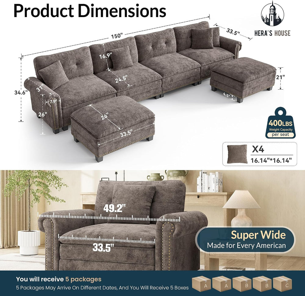 HERA'S HOUSE 150" Oversized U Shaped Modular Sectional Couch Living ...
