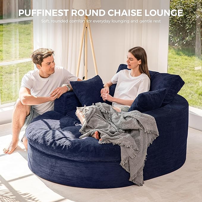 MAXYOYO Modular Sectional Chaise Lounge Sofa, Round Upholstered Lounge Chair with Ottoman, Comfy Couch with Layered Cushion, Tufted Sleeper Chair for Living Room, Navy