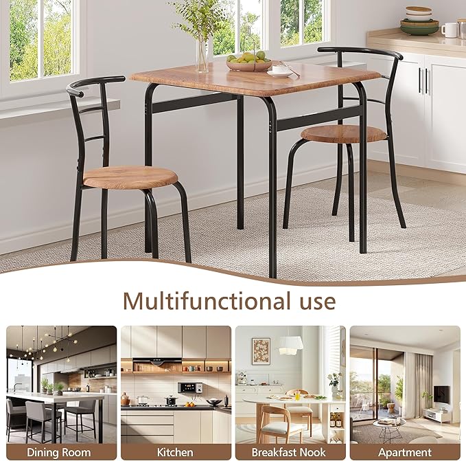VECELO Dining Table Set for 2, 3-Piece Modern Dinette with Chairs for Small Space, Kitchen, Breakfast Nook, Brown