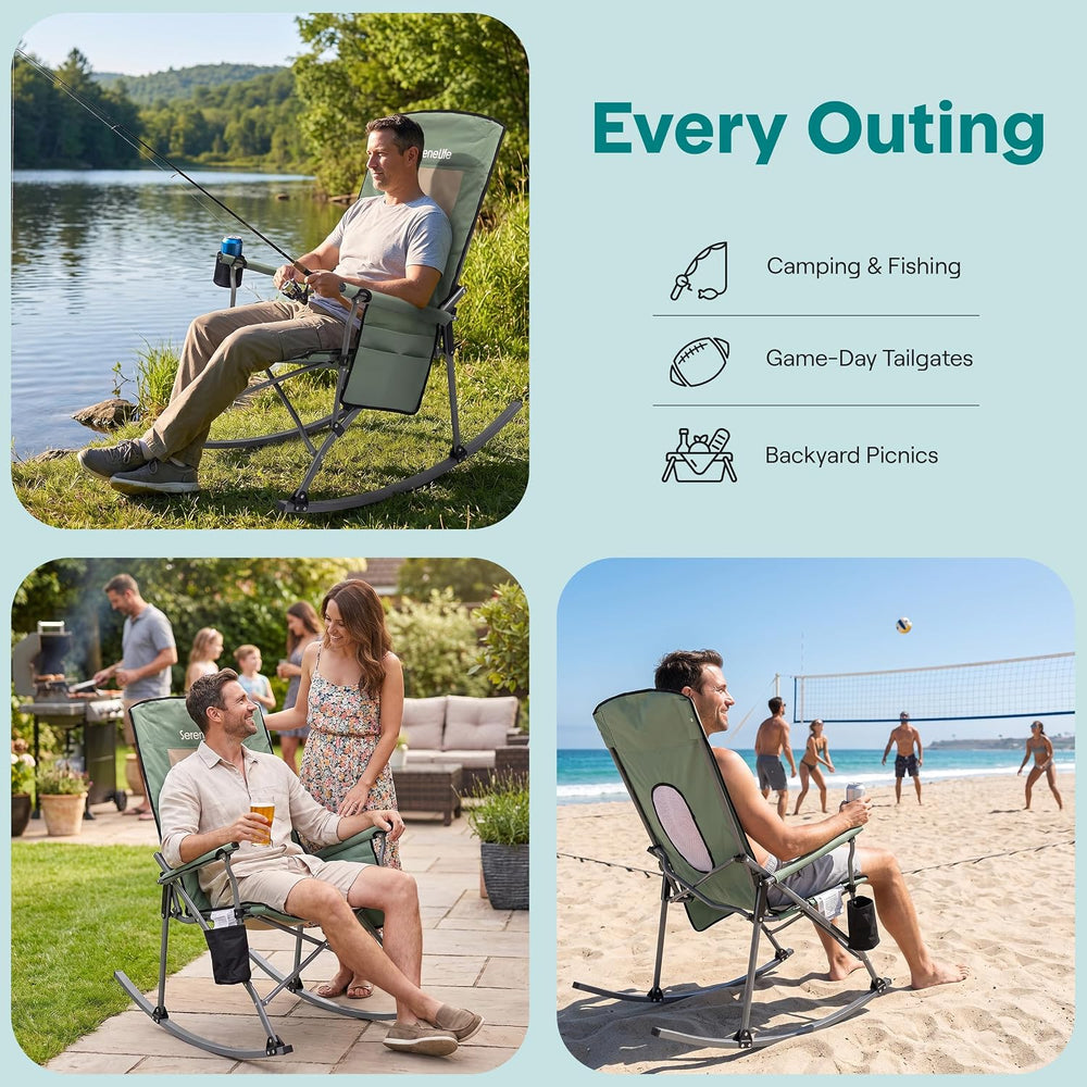 SereneLife High Back Folding Rocking Chair, Portable Camping Rocker with Cup ...