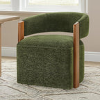Upholstered Dining Chair Set of 1, Barrel Modern Dining Room Chair with Casters, Kitchen Side Wooden Armchair with Fabric Cushion Seat for Bedroom, Livingroom, Reading Room, Green, 1 Box