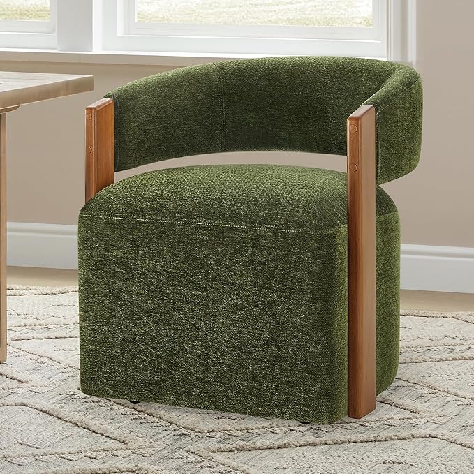 Upholstered Dining Chairs Set of 2, Barrel Modern Dining Room Chairs with Casters, Kitchen Side Wooden Armchair with Fabric Cushion Seat for Bedroom, Livingroom, Reading Room, Green, 2 Boxs