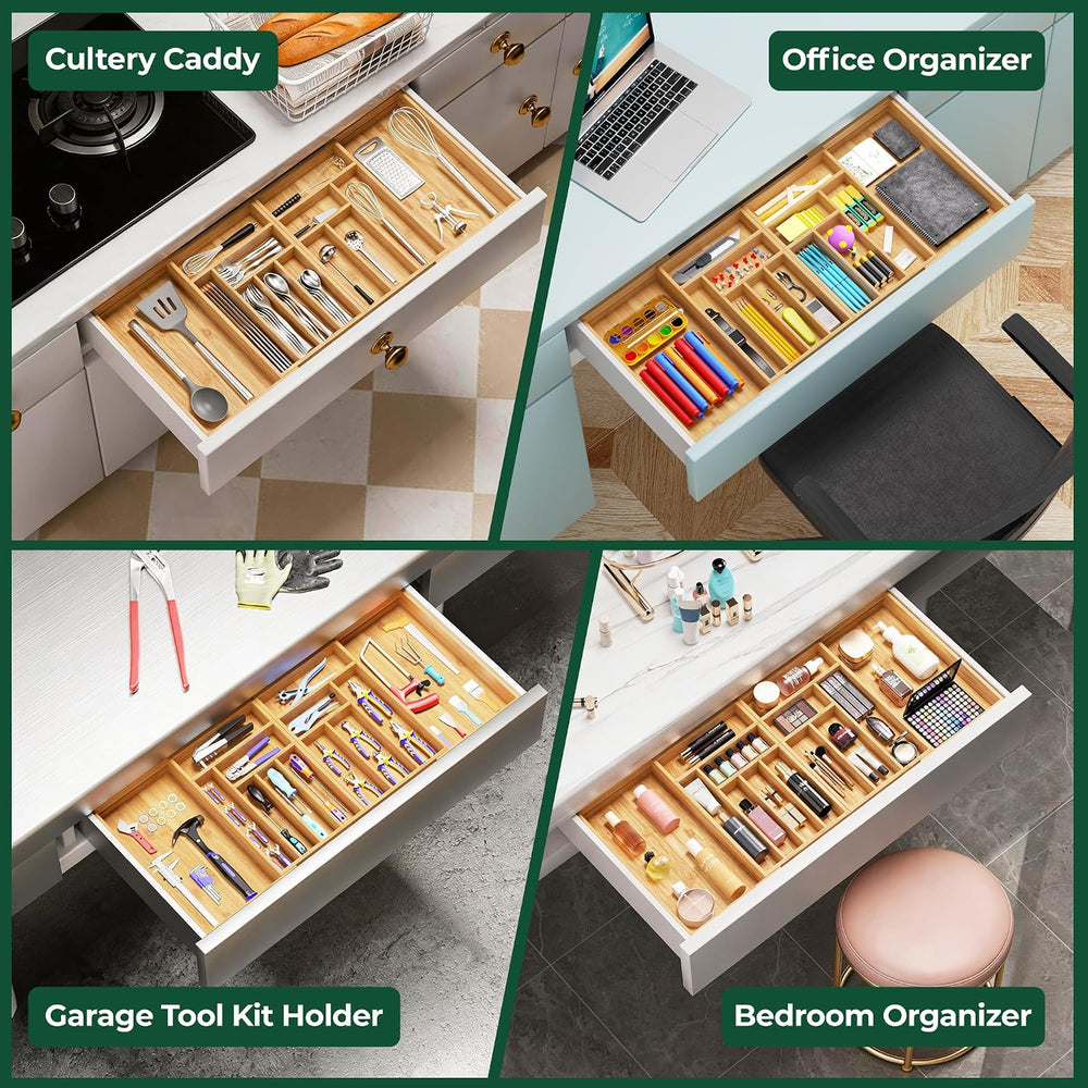 Large Silverware Organizer, 13 Slots Magnetic Connected Expandable Bamboo Ute...