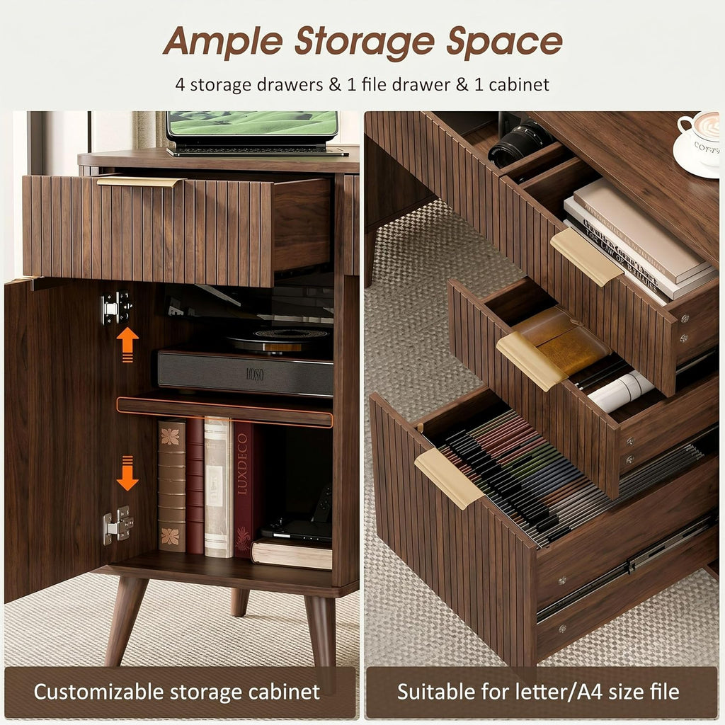 Alohappy 59" Fluted Executive Desk with 5 Drawers & Charging Station, Large Wood Computer Desk with File Drawer and Storage Cabinet, Modern Home Office Desk with Power Outlet for Study, Walnut