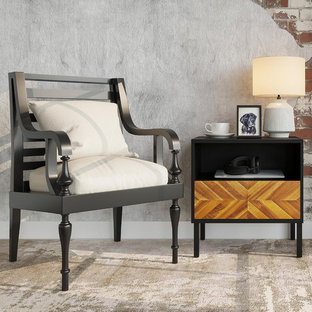 Bme Vivian Solid Wood Nightstand, End Table, Bedside Table with Herringbone P...
