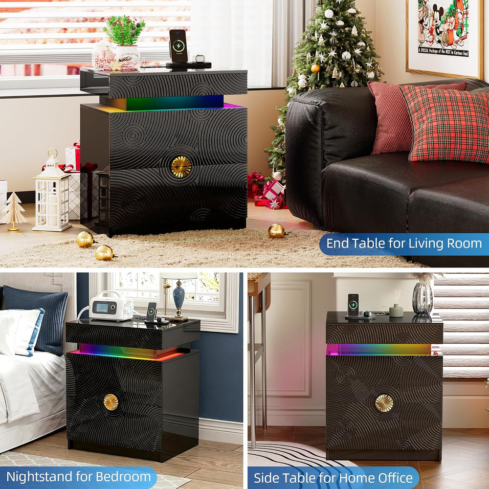 WOOVIVS Bedside Table with 2 Drawers and Sliding Top, RGB Color Changing Ligh...