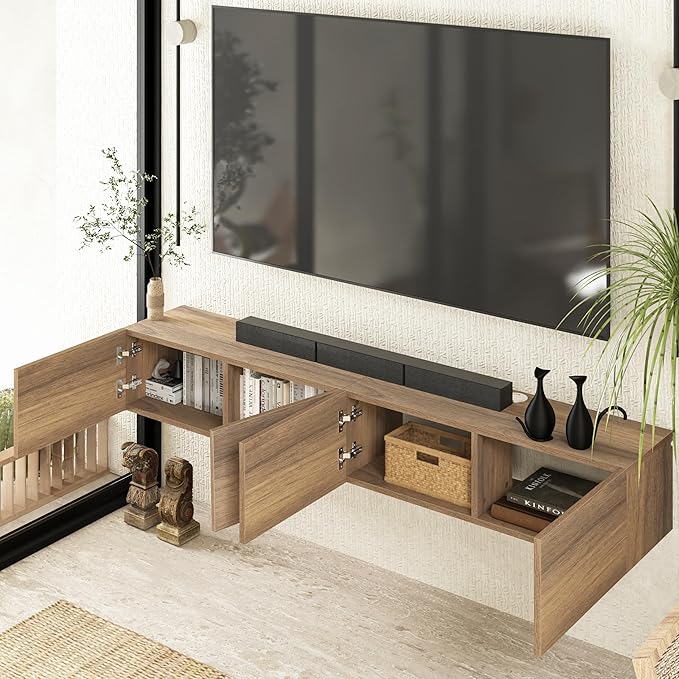 Atelier Mobili Floating TV Stand Wall Mounted for 75-85 Inch TVs - Modern Entertainment Center with Storage - 2-Piece Modular Design Easy Assembly - Walnut Wood Media Console Cabinet for Living Room