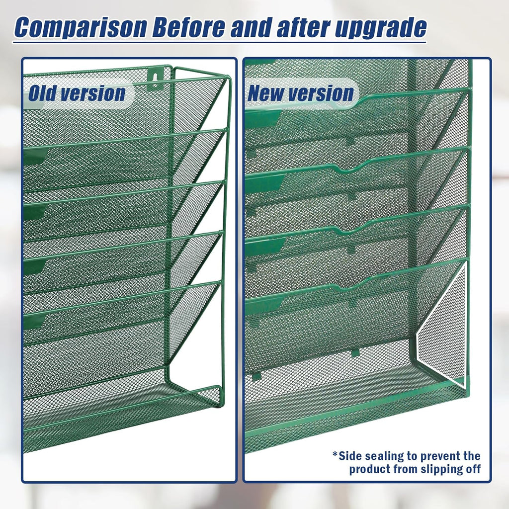 EASEPRES 6 Tier Desk File Organizer, Mesh Hanging Wall Mount Document Organization Stand, Desktop Vertical Mail Paper Folder Holder Rack with Bottom Tray for Office Cubicle, Sides Closed, Dark Green