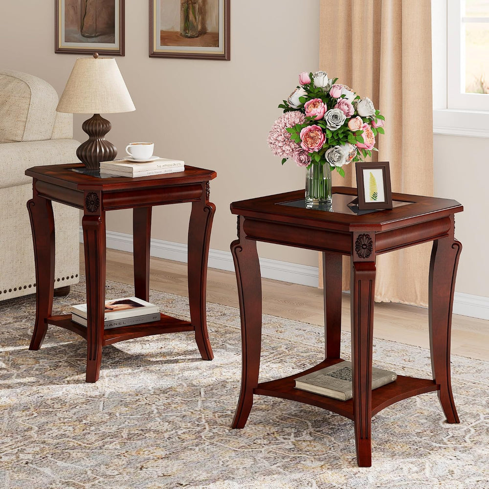 PADMA HOUSE Set of 2 Solid Wood Small End Table with Glasstop, Vintage Square...