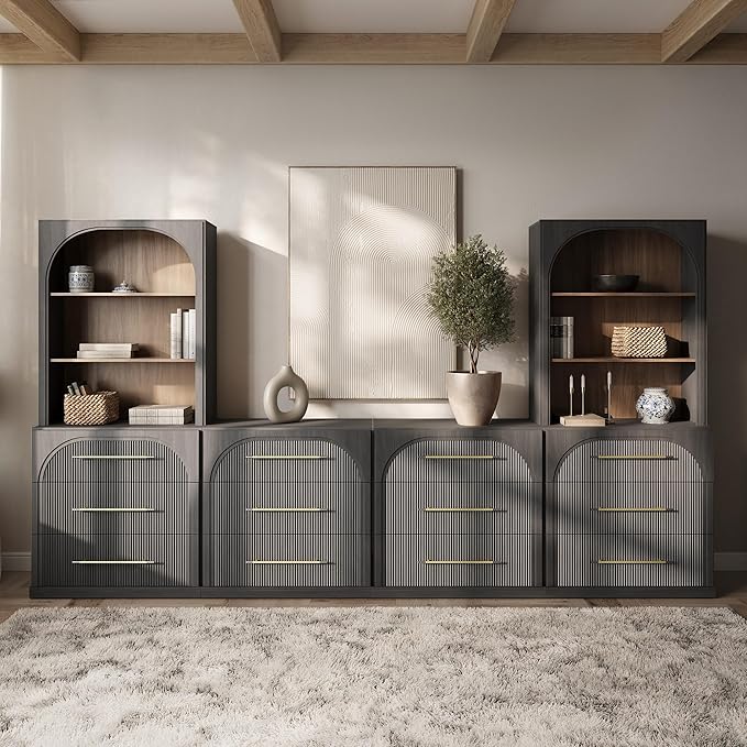 BELLEZE 6-Piece Modular TV Stand Set - 4 Sideboards with Drawers and 2 Storage Hutch, Classic Modern Media Console Table Cabinet for Living Room (Ebony)