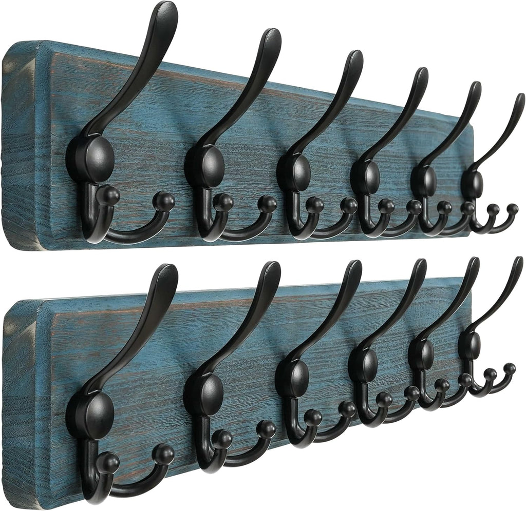 Dseap Coat Rack Wall Mounted - 24" Long 6 Tri Hooks, Heavy Duty Wooden Wall Coat Hanger Coat Hook for Clothes Hat Jacket Clothing, Weathered Blue and Black, Pack of 2