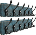 Dseap Coat Rack Wall Mounted - 24" Long 6 Tri Hooks, Heavy Duty Wooden Wall Coat Hanger Coat Hook for Clothes Hat Jacket Clothing, Weathered Blue and Black, Pack of 2