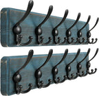 Dseap Coat Rack Wall Mounted - 24" Long 6 Tri Hooks, Heavy Duty Wooden Wall Coat Hanger Coat Hook for Clothes Hat Jacket Clothing, Weathered Blue and Black, Pack of 2