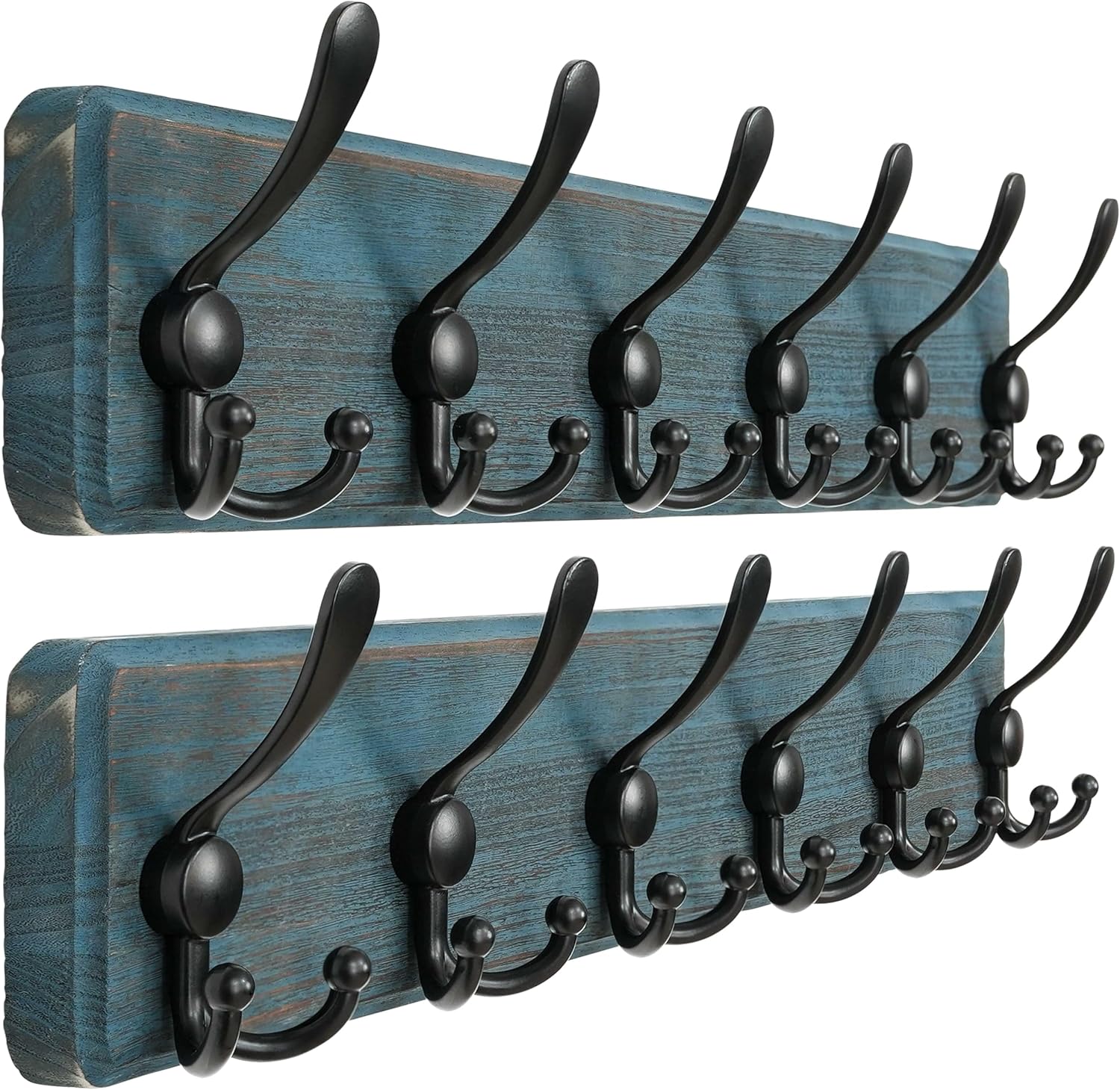 Dseap Coat Rack Wall Mounted - 24" Long 6 Tri Hooks, Heavy Duty Wooden Wall Coat Hanger Coat Hook for Clothes Hat Jacket Clothing, Weathered Blue and Black, Pack of 2