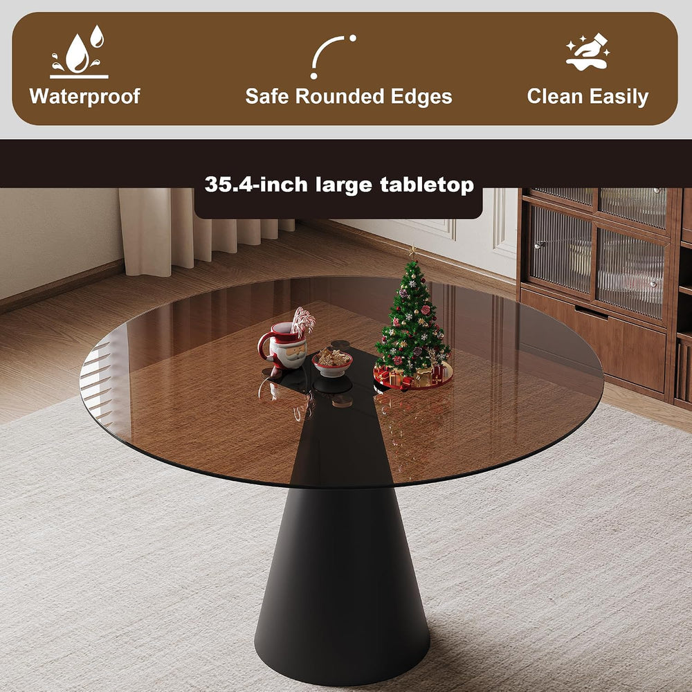 35 Inch Round Glass Dining Table, 8mm Tempered Glass Tabletop with Carbon Ste...