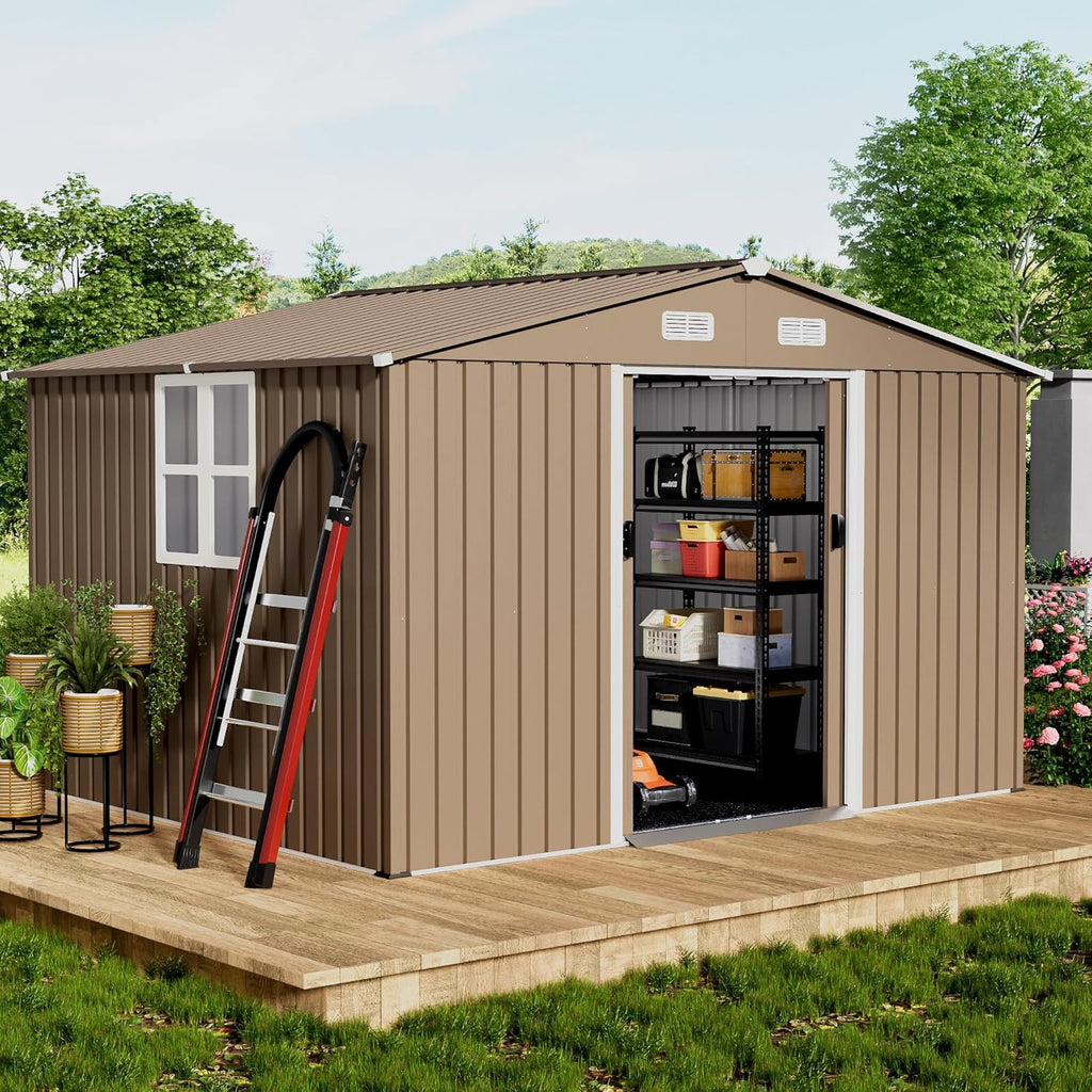 10x8FT Outdoor Storage Shed with Floor & Lockable Sliding Doors,Metal Storage Shed with 1 Air Vents,Waterproof Garden Shed for Backyard,Patio, Lawn,(Brown,Base Included)