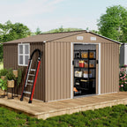 10x8FT Outdoor Storage Shed with Floor & Lockable Sliding Doors,Metal Storage Shed with 1 Air Vents,Waterproof Garden Shed for Backyard,Patio, Lawn,(Brown,Base Included)