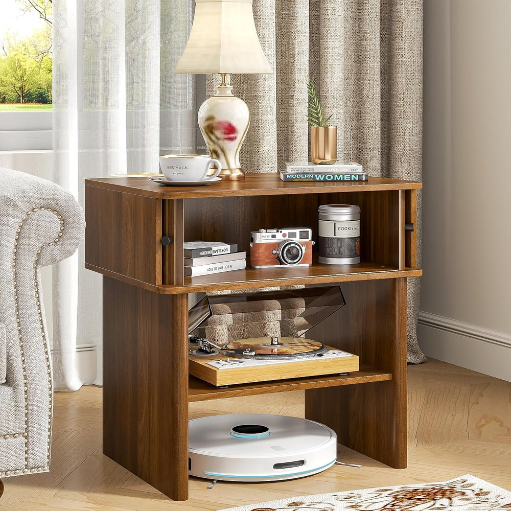 Nightstand with Fluted Sliding Door, 3-Tier Side Table with Hidden Cabinet an...