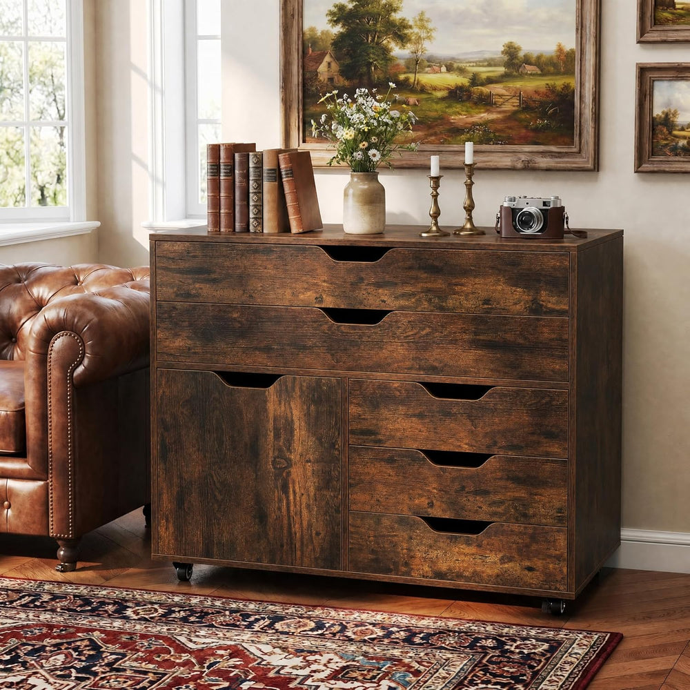 POWERSTONE Rolling File Cabinet 5-Drawer & One Side Door Storage Unit, Wo...