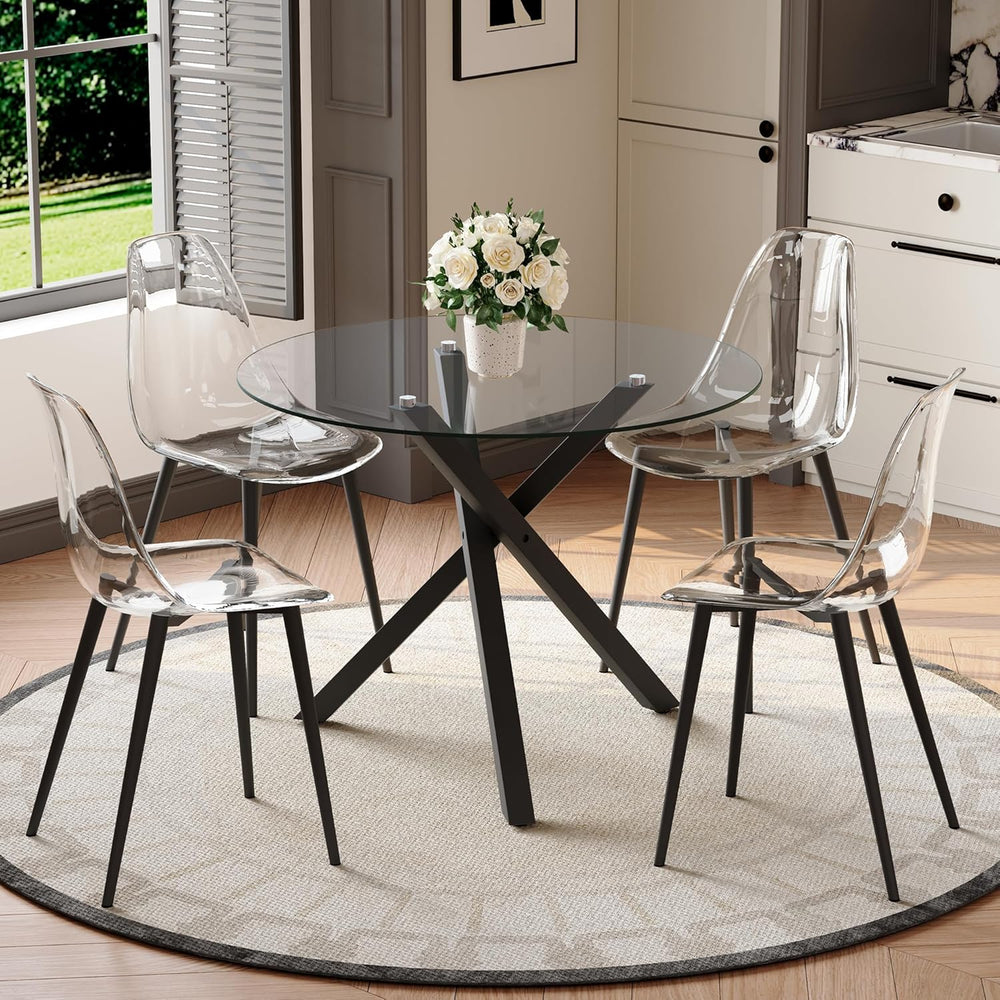 Round Dining Table Set for 4, 39" Glass Dining Table Set with Black Adju...