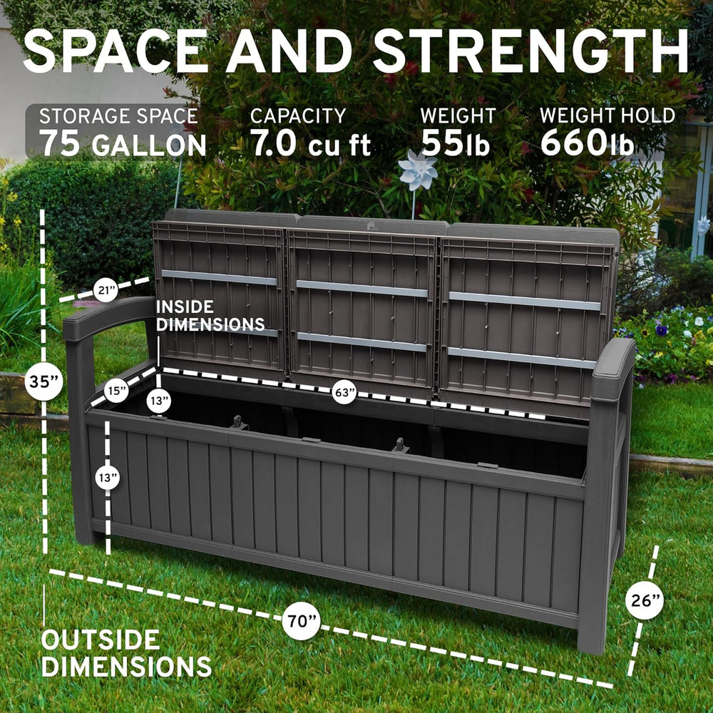 EconoHome 3 Seat Outdoor Storage Bench with Rain Cover - 90 Gallon Capacity -...
