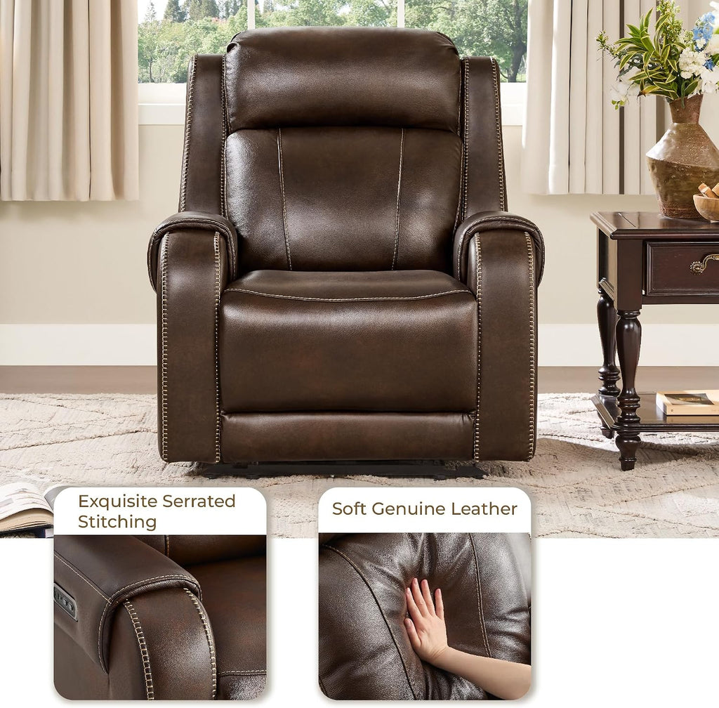 CHITA Wall Hugger Genuine Leather Power Recliner Chair, Dark Brown | Adjustable Power Headrest, USB & Type-C Ports, Compact Electric Recliner for Small Spaces & Living Rooms & RV