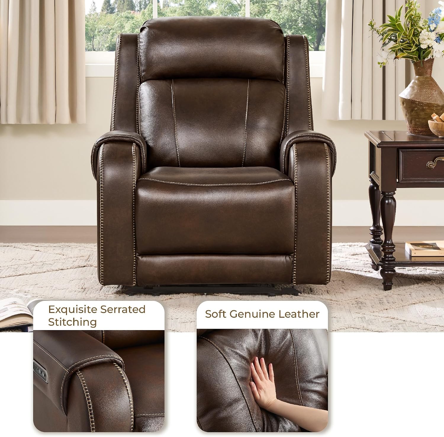 CHITA Wall Hugger Genuine Leather Power Recliner Chair, Dark Brown | Adjustable Power Headrest, USB & Type-C Ports, Compact Electric Recliner for Small Spaces & Living Rooms & RV