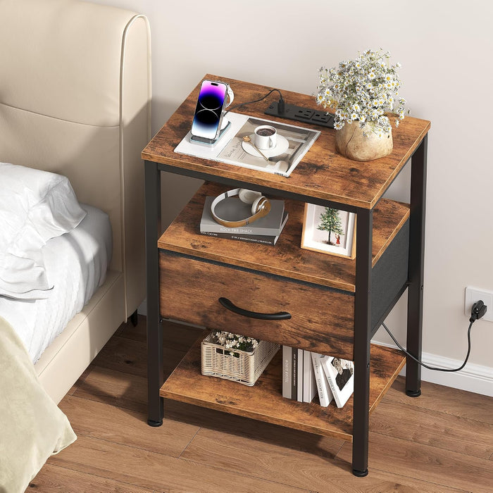OLIXIS Nightstand with Charging Station, Beside Table with Fabric Drawer | 3-Tier End Table with 2 Storage Shelves,Night Stand with USB Ports and Outlets for Bedroom, Rustic Brown
