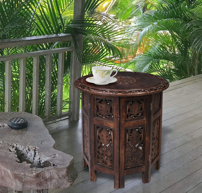 Round Wood Coffee Table - 18” Carved Small Accent Side Table with Burnt Finish, Wooden Altar Table, 18” Round Top x 18” Height, Perfect End Table for Living Room Decor