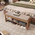 Shoe Rack Bench with Cotton-Linen Cushion 2-Tier Wooden Storage Bench 550lbs Compact Simple & Modern Design for Entryway, Hallway, Bedroom, Living Room, Closet, Front Door Entrance, Foyer