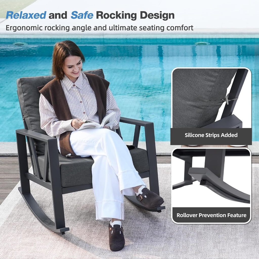 Outdoor Patio Rocking Chairs Set of 2 with 6 Inch Thick Cushions, Grey | 2 Rockers & 1 Metal Coffee Table, Water Resistant and Removable Covers, Rust-Resistant, Ideal for Porch, Balcony,Backyard