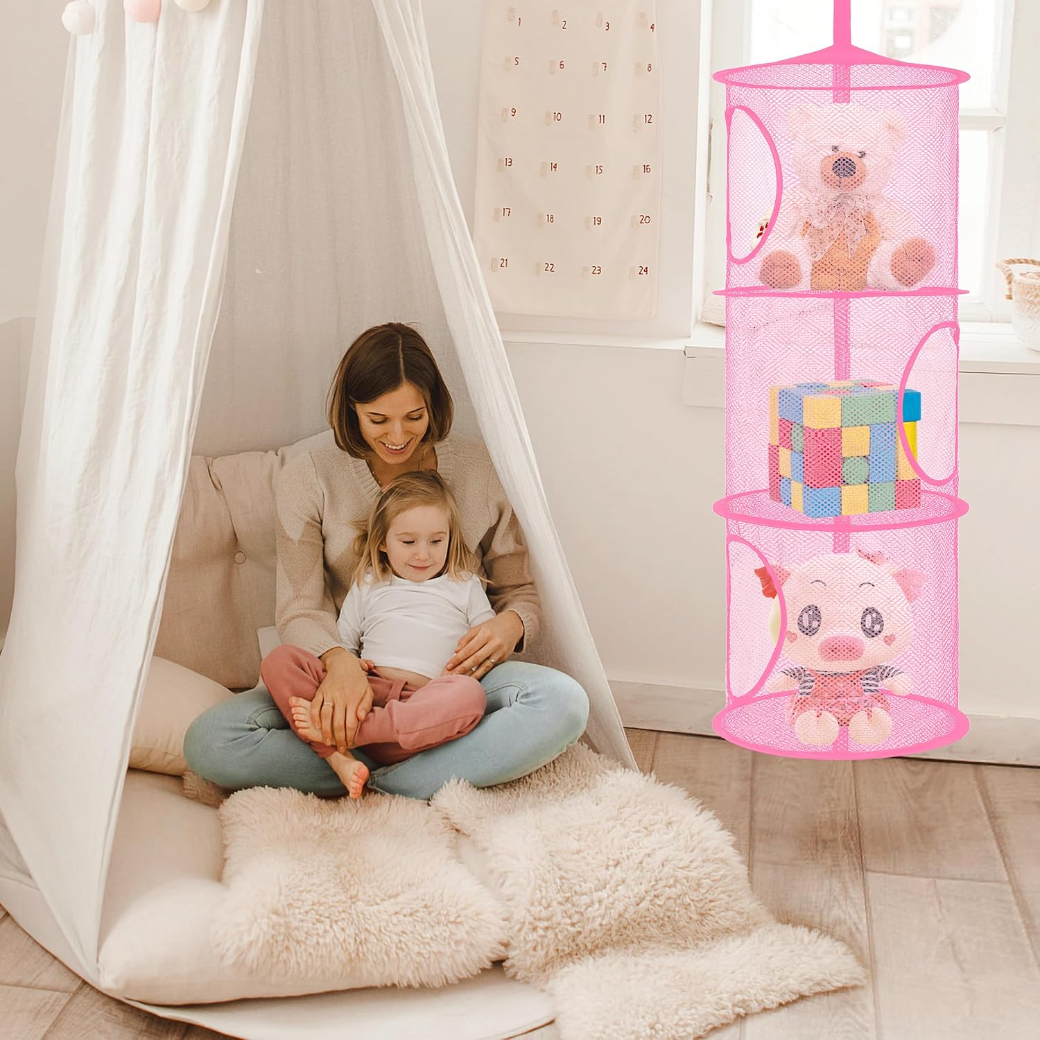 Libeder Mesh Hanging Storage Space Saver Bags Organizer,Foldable Storage Organizer 3 Compartments Toy Storage Basket for Kids Room Bathroom 2 Sets Pink