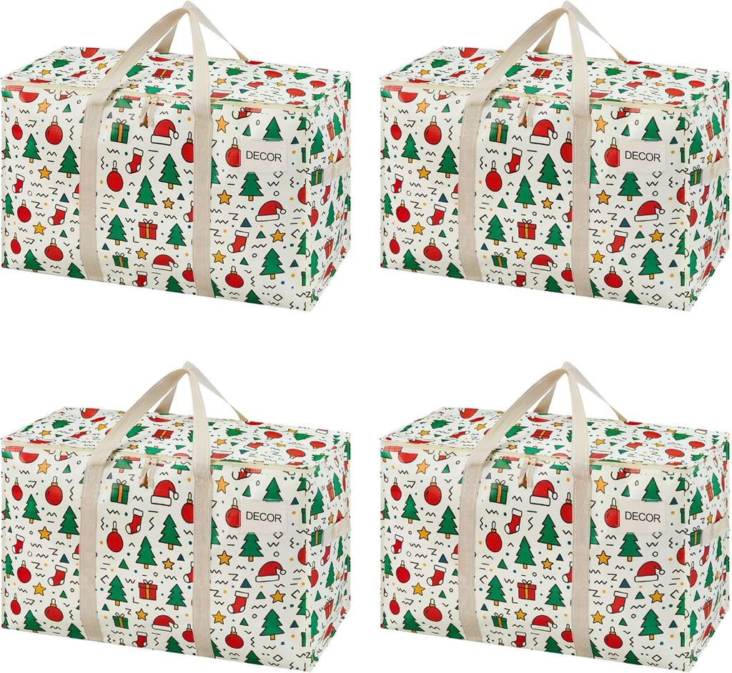 VENO 4 Pack Moving Bags and Large Christmas Storage Bins with lids. Alternative to Moving Boxes, Packing Supplies for College. Extra Large Heavy Duty Totes for Packaging (Jingle Mix, 4 Pack)