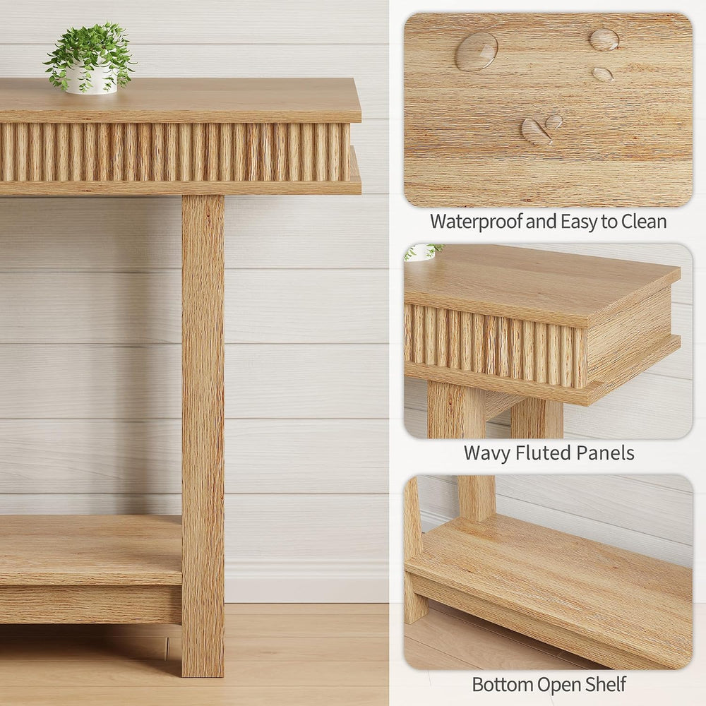 Garvee Farmhouse Fluted Console Table, 2 Tier Wooden Entryway Table with Shel...