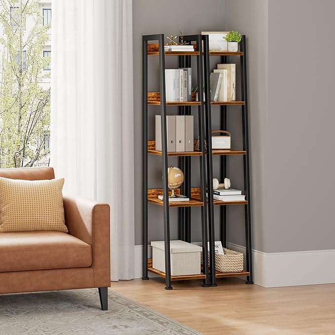 Narrow Ladder Shelf for Small Spaces - 5 Tier Thin Bookshelf Skinny Book Shelves Slim Bookshelves 60 inch Tall, Farmhouse Brown (02BN)