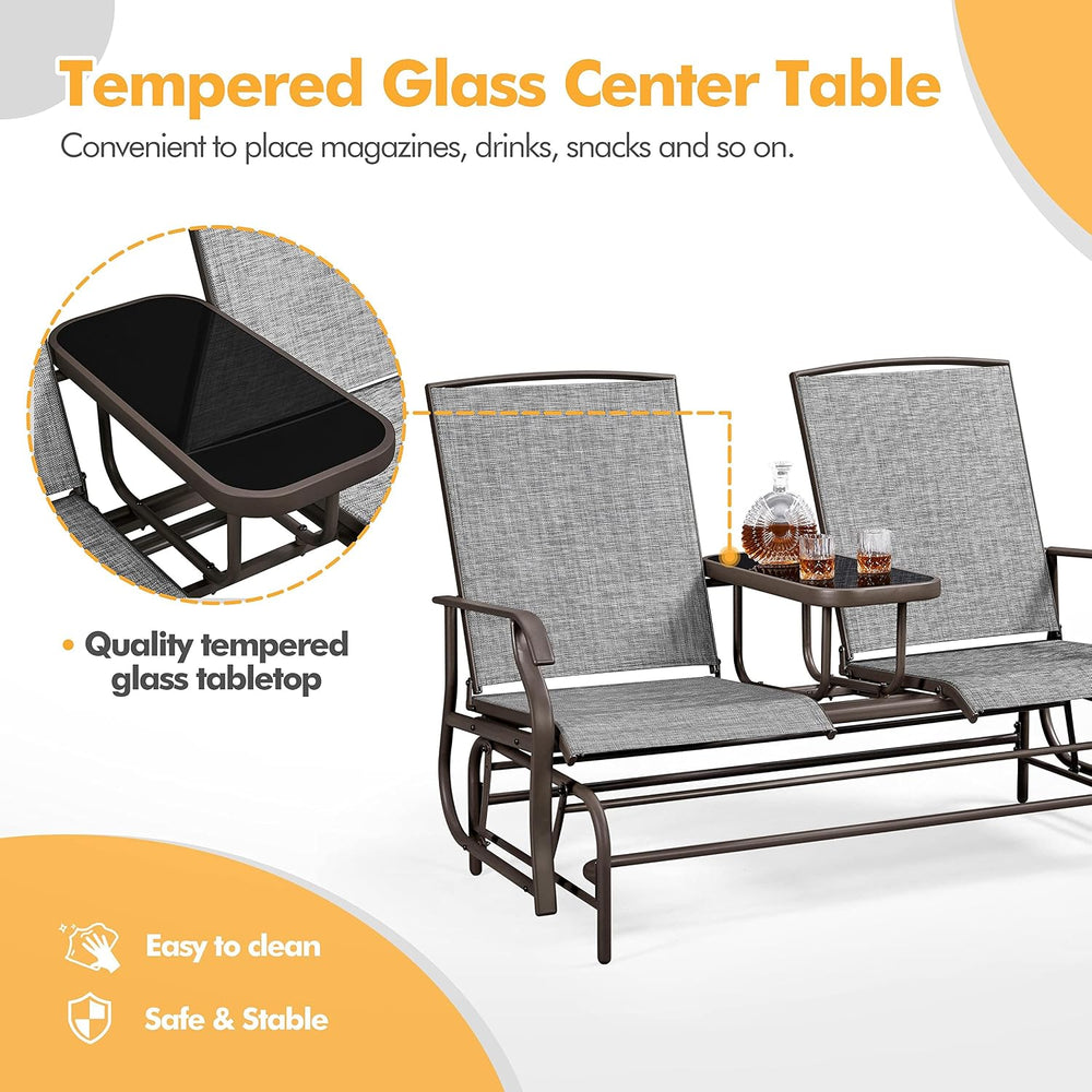 Yaheetech Outdoor Glider Bench Patio Loveseat with Table, Gray | Steel frame,...