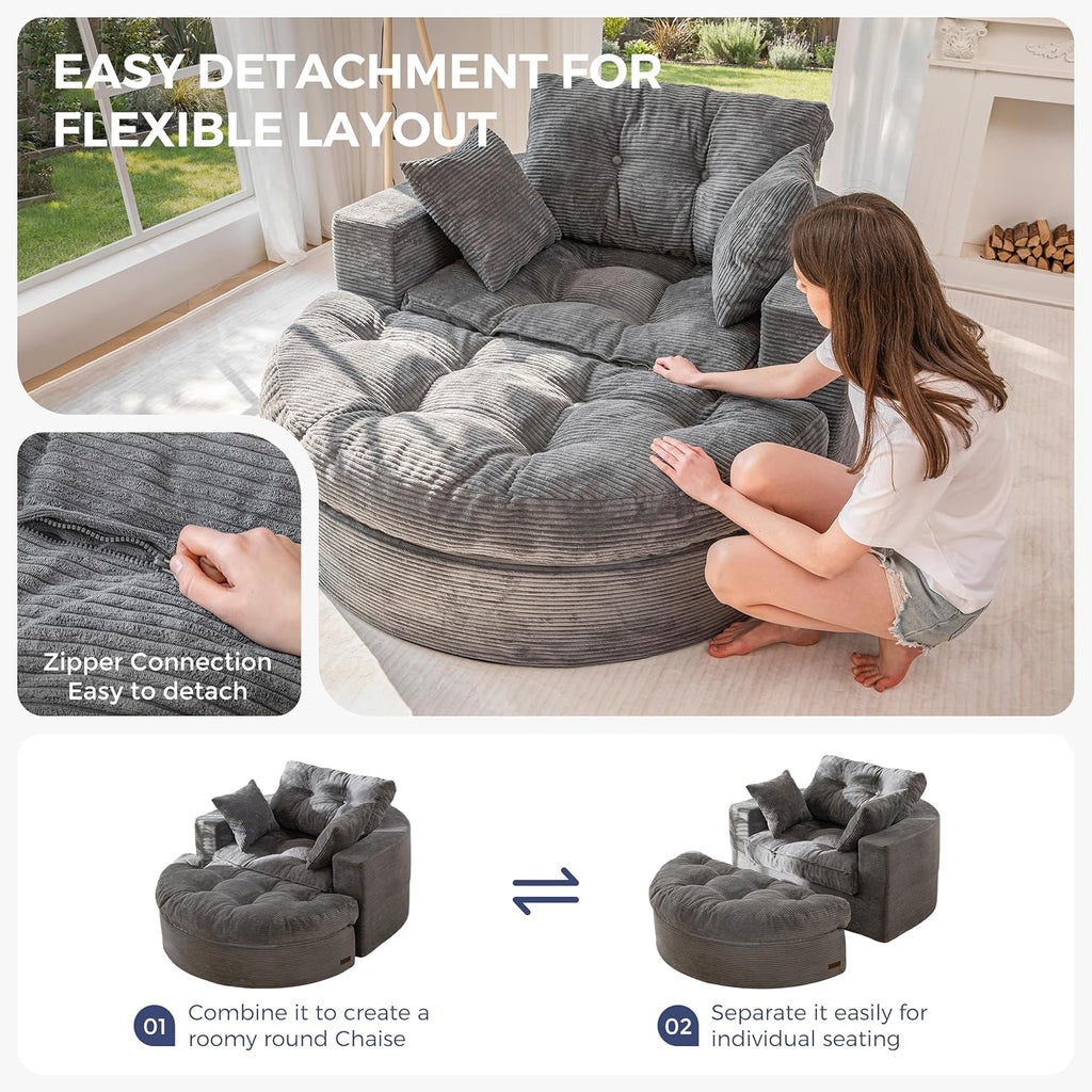 MAXYOYO Oversized Round Chaise Lounge Sofa, Upholstered Lounge Chair with 3 Pillows, Boneless Sofa Couch with Ottoman, Deep Seat Chair for Living Room, Bedroom, No Assembly, Dark Grey