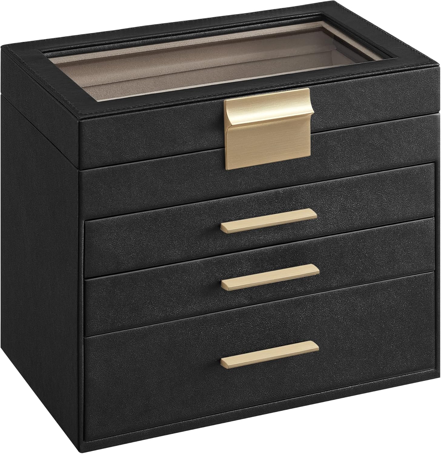 SONGMICS Jewelry Box Organizer with Glass Lid, 4-Layer Jewelry Storage, with 3 Drawers, Modern Style, Christmas Gift, 6 x 9.9 x 8.5 Inches, Graphite Black and Gold Color UJBC161B02