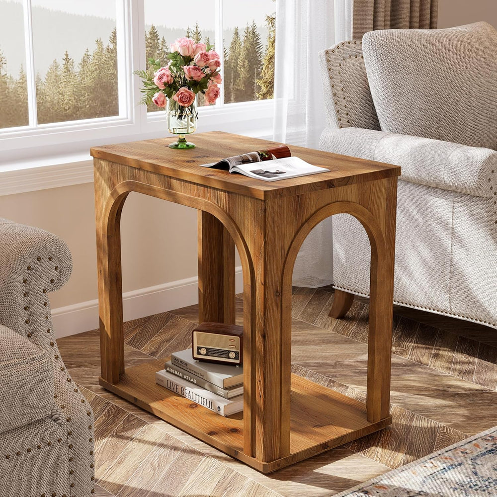 Tribesigns Arched Side Table, 2-Tier Farmhouse Solid Wood End Table with Bott...