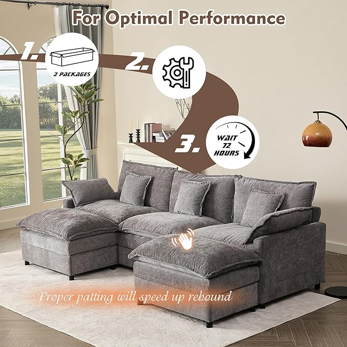 108" U Shaped Couch, Modular Sectional Sofa, 3-Seater Comfy Cloud Couch, Set of Modular Pieces with Movable Ottoman, Deep Seat Couches for Living Room, Chenille, Slate